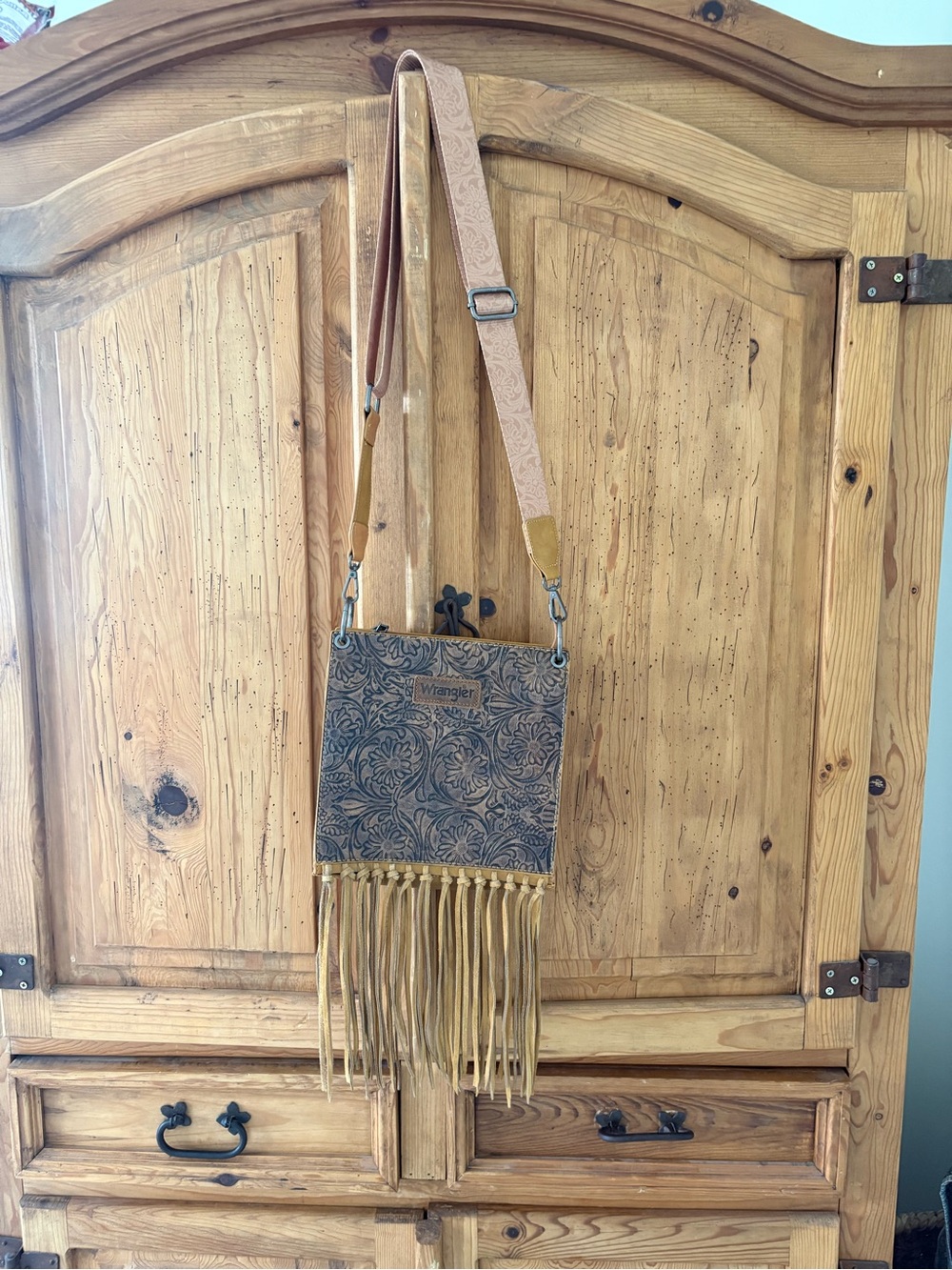 Wrangler Brown Tooled Crossbody Bag with Fringe